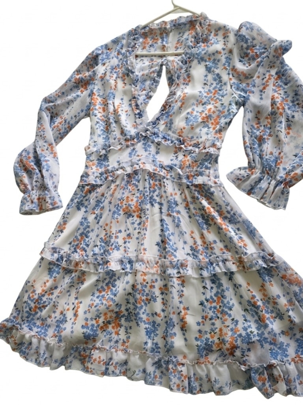 White Floral Ruffle Mini Dress with Blue and Orange Floral Print